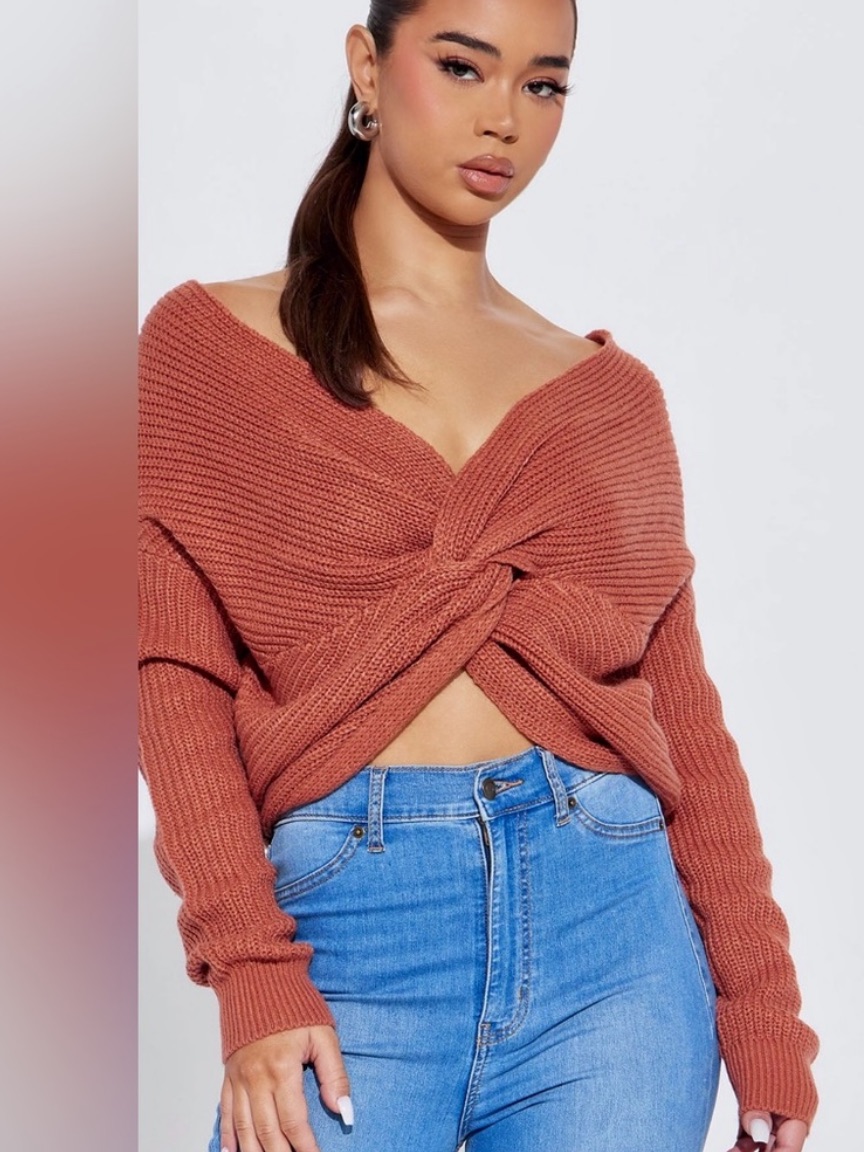 Fashion Nova V-Neck Ribbed Sweater - Rust Orange